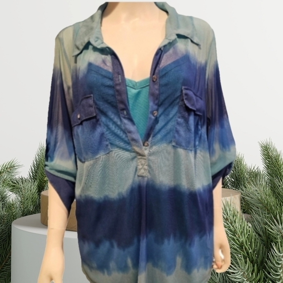 INC 3/4 Sleeve Sheer 3/4 Button Blouse With Built-in Cami Size 3X - Picture 2 of 12